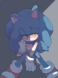 Size: 768x1024 | Tagged: safe, artist:slow_footed8, sonic the hedgehog, 2025, grey background, lidded eyes, shadow (lighting), simple background, sitting, solo
