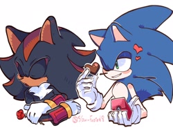 Size: 2048x1536 | Tagged: safe, artist:slow_footed8, shadow the hedgehog, sonic the hedgehog, 2025, chocolate, duo, eyes closed, flower, food, gay, heart, looking at them, shadow x sonic, shipping, simple background, valentine's day, white background, wink