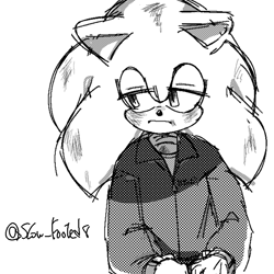 Size: 768x768 | Tagged: safe, artist:slow_footed8, sonic the hedgehog, 2025, greyscale, lidded eyes, monochrome, shirt, simple background, solo, white background