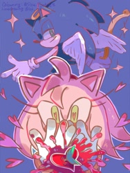 Size: 1536x2048 | Tagged: safe, artist:lok_cd, artist:slow_footed8, amy rose, sonic the hedgehog, 2025, amy x sonic, blue background, bow (weapon), duo, halo, heart, lidded eyes, looking at them, shipping, simple background, smile, straight, wings