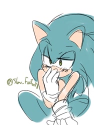 Size: 768x1024 | Tagged: safe, artist:slow_footed8, sonic the hedgehog, 2025, lidded eyes, simple background, sitting, solo, white background