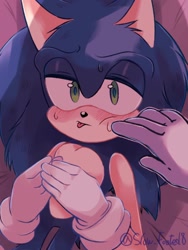 Size: 768x1024 | Tagged: safe, artist:slow_footed8, sonic the hedgehog, 2025, duo, hand on another's face, lidded eyes, solo focus, tongue out