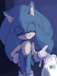 Size: 768x1024 | Tagged: safe, artist:slow_footed8, sonic the hedgehog, 2025, duo, eyes closed, holding something, phone, smile, solo focus, standing