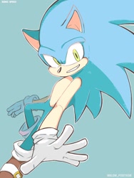 Size: 768x1024 | Tagged: safe, artist:slow_footed8, sonic the hedgehog, 2025, blue background, looking at viewer, simple background, smile, solo