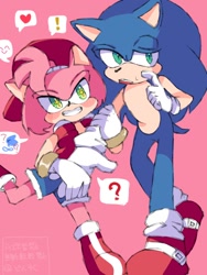 Size: 768x1024 | Tagged: safe, artist:slow_footed8, amy rose, sonic the hedgehog, amy x sonic, duo, gay, gender swap, half r63 shipping, hand on another's arm, japanese text, looking at them, pink background, shipping, simple background, smile, standing