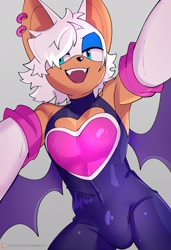 Size: 1401x2048 | Tagged: suggestive, artist:nikkikaji, rouge the bat, bat, 2025, alternate hairstyle, bulge, ear piercing, earring, gender swap, grey background, hair over one eye, lidded eyes, looking at viewer, mouth open, open smile, simple background, smile, smiling at viewer