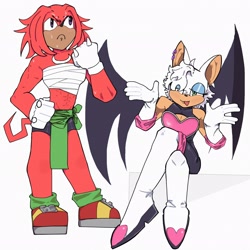 Size: 2048x2048 | Tagged: safe, artist:kewdreluse, knuckles the echidna, rouge the bat, bat, echidna, 2025, abs, alternate hairstyle, alternate outfit, clothes, duo, frown, gender swap, muscular, muscular female, simple background, smile, white background