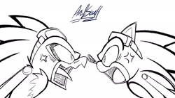 Size: 2048x1151 | Tagged: safe, artist:art_andstuff, jet the hawk, sonic the hedgehog, bird, hedgehog, 2025, angry, arguement, cross popping vein, duo, line art, looking at each other, monochrome, mouth open, side view, signature, simple background, sonic riders, tongue out, white background, yelling