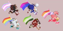 Size: 2048x1024 | Tagged: safe, artist:dirtyteeths, amy rose, knuckles the echidna, shadow the hedgehog, silver the hedgehog, sonic the hedgehog, echidna, hedgehog, 2023, alternate outfit, aromantic, aromantic pride, bisexual, bisexual pride, eyelashes, flag, gay, gay pride, grey background, group, holding something, lesbian, lesbian pride, odd shoes, pride, pride flag, running, scar, side view, smile, top surgery scars, trans boy shadow, trans female, trans girl amy, trans male, trans pride, transgender