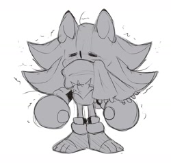 Size: 1296x1228 | Tagged: safe, artist:dirtyteeths, shadow the hedgehog, hedgehog, 2023, alternate outfit, chest fluff, chibi, cold, cute, eyes closed, monochrome, scarf, shadowbetes, shivering, simple background, sketch, solo, standing, white background, winter, winter outfit