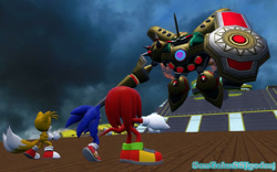 Size: 1280x800 | Tagged: safe, artist:songokussjgodssj, knuckles the echidna, miles "tails" prower, robotnik, sonic the hedgehog, echidna, fox, hedgehog, human, sonic heroes, 2025, 3d, abstract background, egg emperor, group, looking at each other, looking at them, mid-air, outdoors, robot, shield, standing, sword, team sonic