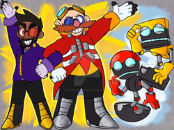 Size: 900x675 | Tagged: safe, artist:rainbowlilyartist, agent stone, cubot, orbot, robotnik, human, 2025, deviantart watermark, flat colors, group, linking arms, looking at viewer, obtrusive watermark, robot, smile, standing, watermark