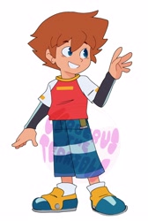 Size: 2676x3982 | Tagged: safe, artist:cerberustheterrible, chris thorndyke, human, 2025, chrisabetes, cute, flat colors, looking offscreen, obtrusive watermark, simple background, smile, solo, watermark, waving, white background