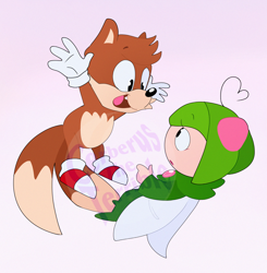 Size: 3024x3082 | Tagged: safe, artist:cerberustheterrible, cosmo the seedrian, miles "tails" prower, fox, seedrian, 2025, cute, duo, gradient background, hands up, looking at each other, mid-air, mouth open, obtrusive watermark, one fang, satam, smile, sonic satam, watermark