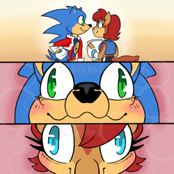 Size: 900x900 | Tagged: safe, artist:squishy-lombax, sally acorn, sonic the hedgehog, chipmunk, hedgehog, 2025, clothes, duo, forehead touch perspective, fully clothed, holding something, looking at each other, meme, paper, redraw, sally x sonic, sally's ringblader outfit, shipping, straight, watermark