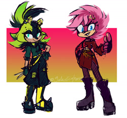 Size: 1637x1520 | Tagged: safe, artist:galacticghoste, sonia the hedgehog, surge the tenrec, 2024, alternate outfit, clothes, crack shipping, duo, fur markings, lesbian, looking at viewer, rarepair, shipping, smile, sonia x surge, standing