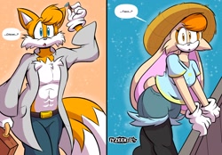 Size: 2048x1424 | Tagged: safe, artist:iyzeekiil, artist:sanzokudebien, cream the rabbit, miles "tails" prower, 2023, abs, aged up, cream x tails, shipping, straight