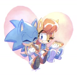 Size: 1701x1656 | Tagged: safe, artist:sn0wyangel, sally acorn, sonic the hedgehog, chipmunk, hedgehog, 2024, chili dog, duo, eating, food, heart background, hot dog, sally x sonic, sally's ringblader outfit, shipping, straight