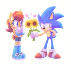 Size: 1881x1692 | Tagged: safe, artist:sn0wyangel, sally acorn, sonic the hedgehog, chipmunk, hedgehog, 2024, blushing, duo, flower, heart, sally x sonic, sally's ringblader outfit, shipping, straight, sunflower, white background