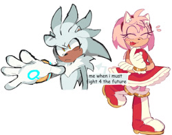 Size: 1494x1169 | Tagged: safe, artist:mealbits, amy rose, silver the hedgehog, hedgehog, 2023, duo, english text, eyelashes, frown, looking offscreen, reaching out, simple background, smile, text, white background
