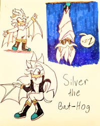 Size: 1628x2048 | Tagged: safe, artist:deadlyangelofpurity, silver the hedgehog, bat, hedgehog, hybrid, 2025, alternate universe, bathog, character name, parent:rouge, parent:shadow, parents:shadouge, redesign, sleeping, solo, species swap, standing, text, traditional media, upside down, wings, zzz