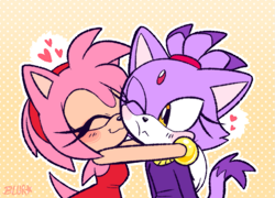 Size: 1125x809 | Tagged: safe, artist:pukopop, amy rose, blaze the cat, cat, hedgehog, 2025, :3, :<, amy x blaze, amybetes, blazebetes, blushing, duo, flat colors, frown, heart, hugging, lesbian, outline, shipping, signature, smile