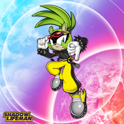 Size: 3000x3000 | Tagged: safe, artist:shadowlifeman, surge the tenrec, tenrec, sonic adventure 2, 2022, abstract background, eyewear on head, jacket, leather jacket, looking at viewer, manic's cuffs, outfit swap, scourge's jacket and sunglasses, smile, solo, style emulation, sunglasses, thumbs down, uekawa style