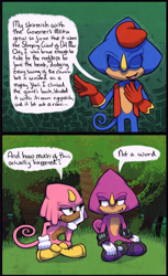 Size: 733x1200 | Tagged: safe, artist:jenzel, espio the chameleon, 2023, chameleon, comic, daytime, dialogue, english text, eyes closed, female, forest, grass, lidded eyes, liza the chameleon, looking at each other, male, outdoors, sitting, smile, speech bubble, standing, talking, text, tree, trio, valdez the chameleon