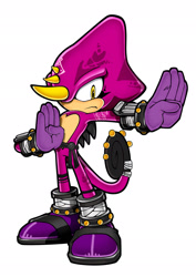 Size: 1449x2048 | Tagged: safe, editor:snazzy-sun, espio the chameleon, 2025, belt, chameleon, edit, frown, fur markings, gloves, horns, purple gloves, redesign, scales, simple background, solo, white background