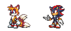 Size: 436x192 | Tagged: safe, artist:shadails, editor:shadails, miles "tails" prower, shadow the hedgehog, 2025, aged up, cheek fluff, duo, edit, fur markings, looking offscreen, pixel art, sonic advance, sprite, standing