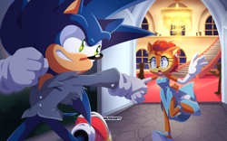 Size: 1636x1024 | Tagged: safe, artist:risziarts, sally acorn, sonic the hedgehog, chipmunk, hedgehog, 2023, alternate outfit, duo, holding hands, jewelry, running, sally x sonic, shipping, straight