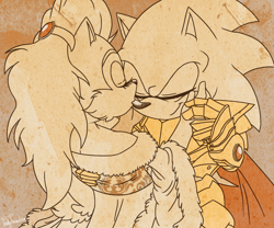 Size: 1200x1000 | Tagged: safe, artist:jadepesky, sally acorn, sonic the hedgehog, chipmunk, hedgehog, sonic and the black knight, 2019, duo, excalibur sonic, kiss, knight armor, sally x sonic, shipping, straight