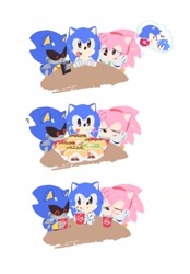 Size: 1248x1794 | Tagged: safe, artist:neku_646611, amy rose, metal sonic, sonic the hedgehog, 2025, classic amy, classic sonic, drink, simple background, smile, trio, white background