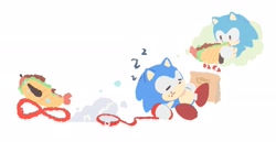 Size: 2048x1054 | Tagged: safe, artist:neku_646611, sonic the hedgehog, 2025, chili dog, duo, food, leash, simple background, smile, white background