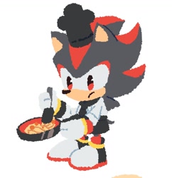 Size: 1408x1452 | Tagged: safe, artist:neku_646611, shadow the hedgehog, 2025, chef hat, cooking, food, hat, holding something, simple background, solo, standing, white background