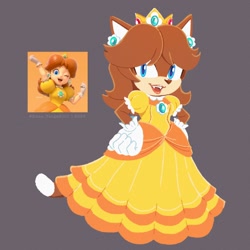 Size: 1280x1280 | Tagged: safe, artist:kanayanga, cat, female, hands on hips, mobianified, open smile, princess daisy, simple background, smile, solo