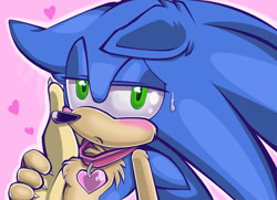Size: 800x578 | Tagged: safe, artist:darkshadowvalentine, sonic the hedgehog, hedgehog, 2010, blushing, chest fluff, collar, floppy ears, frown, gloves off, heart, lidded eyes, looking at viewer, outline, pink background, simple background, solo, sweatdrop