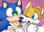 Size: 818x600 | Tagged: safe, artist:darkshadowvalentine, miles "tails" prower, sonic the hedgehog, fox, hedgehog, 2010, blushing, cute, duo, ear fluff, fluffy, gradient background, holding each other, hugging, pink background, smile, sonabetes, tailabetes, tongue out, wink, winking at them
