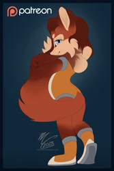 Size: 857x1280 | Tagged: safe, artist:flora-tea, fiona fox, fox, 2018, beanbrows, border, cute, fionabetes, flat colors, fur markings, gradient background, holding something, holding tail, hugging tail, looking at viewer, looking back, looking back at viewer, signature, smile, solo, standing