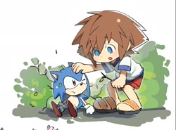 Size: 1931x1432 | Tagged: safe, artist:neku_646611, sonic the hedgehog, human, 2025, classic sonic, crossover, cute, duo, hand on another's head, kingdom hearts, looking at each other, looking at them, simple background, sitting, sonabetes, sora (kingdom hearts), standing, white background