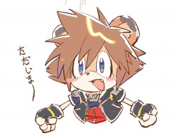 Size: 1672x1328 | Tagged: safe, artist:neku_646611, 2025, barely sonic related, blushing, japanese text, kingdom hearts, mobianified, mouth open, simple background, smile, solo, sora (kingdom hearts), tanuki, white background