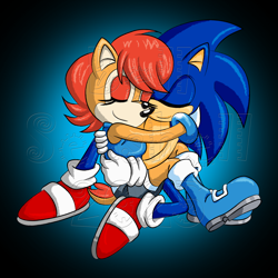 Size: 1250x1250 | Tagged: safe, artist:bellseashell, sally acorn, sonic the hedgehog, chipmunk, hedgehog, 2025, duo, hugging, sally x sonic, sally's ringblader outfit, shipping, simple background, snuggling, straight, watermark