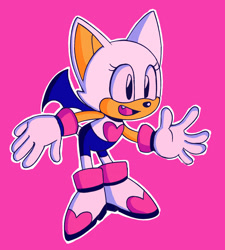 Size: 1524x1693 | Tagged: safe, artist:josadorf, rouge the bat, bat, 2020, bending over, classic rouge, eyelashes, mouth open, one fang, open smile, outline, pink background, simple background, smile, solo, standing, style emulation, waving