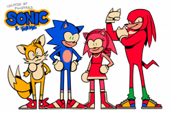 Size: 2048x1350 | Tagged: safe, artist:p3-archive, knuckles the echidna, miles "tails" prower, sonic the hedgehog, echidna, fox, hedgehog, 2020, :3, arm fluff, eyelashes, flat colors, flexing, group, hand on hip, headscarf, looking at viewer, simple background, smile, standing, team sonic, white background