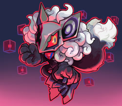 Size: 896x782 | Tagged: safe, artist:fray, infinite the jackal, jackal, 2017, claws, clenched fist, cube, flying, gradient background, infinite's mask, looking at viewer, mid-air, outline, phantom ruby, solo