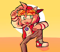 Size: 2048x1776 | Tagged: safe, artist:coffe-san, amy rose, hedgehog, 2020, backwards cap, cap, clothes, eyelashes, eyewear on head, female, fully clothed, glasses, gloves off, hat, jacket, jeans, leg up, looking at viewer, mouth open, nasa, pants, shirt, sitting, sneakers, solo, sunglasses, varsity jacket