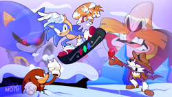 Size: 3640x2048 | Tagged: safe, artist:voksmoth, knuckles the echidna, metal sonic, miles "tails" prower, nack the weasel, robotnik, sonic the hedgehog, fox, hedgehog, human, weasel, 2021, absurd res, black sclera, chaos emerald, glowing eyes, group, hole, robot, signature, snow, snowboard, sonic triple trouble