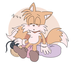 Size: 876x786 | Tagged: safe, artist:pastafrolas, miles "tails" prower, 2019, controller, eyes closed, sitting, sleeping, solo, zzz