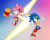 Size: 3713x3000 | Tagged: safe, artist:cartoonicus, amy rose, sonic the hedgehog, hedgehog, abstract background, alternate outfit, cute, lightning bolt, naked, outfit swap, piko piko hammer, sonic riders, warrior feather