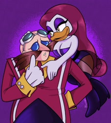 Size: 2000x2200 | Tagged: safe, artist:pepbotnik, robotnik, oc, oc:pepita robotnik, canon x oc, hugging, looking at each other, looking at them, purple background, shipping, simple background, smile, straight
